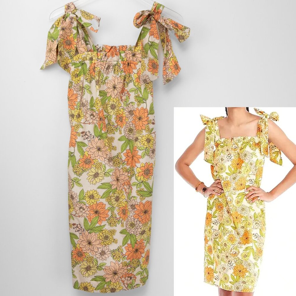 J. Crew Tie-Shoulder Cotton Poplin Dress Zinnia Floral Green Orange Size XS New - Picture 1 of 6
